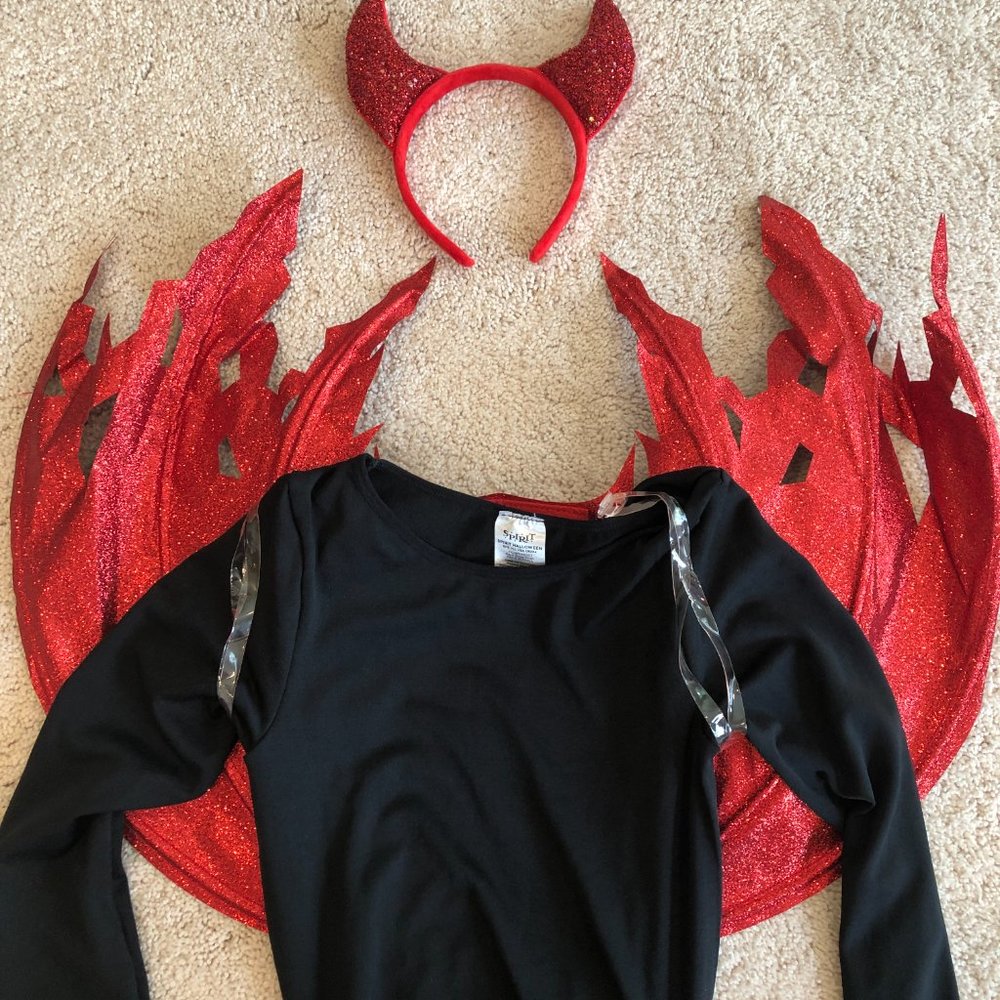 Spirit Halloween Kids/Adult Gothic Devil Costume Red Black with Wings & Headband - Picture 2 of 15